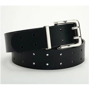 Susan Graver Solid Faux Leather Two- Prong Waist Belt Black Silver Womens S/M